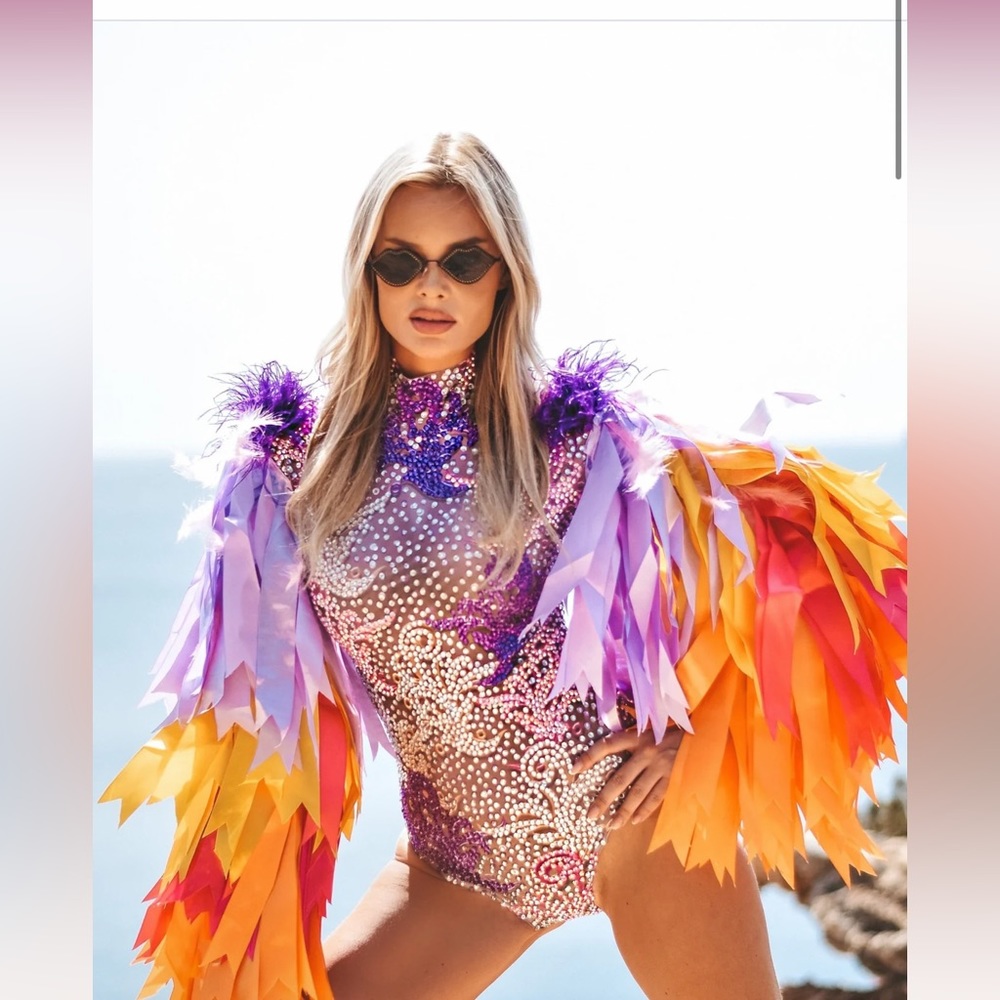 Bodysuit with rainbow fringe sleeve (BURNINGMAN)